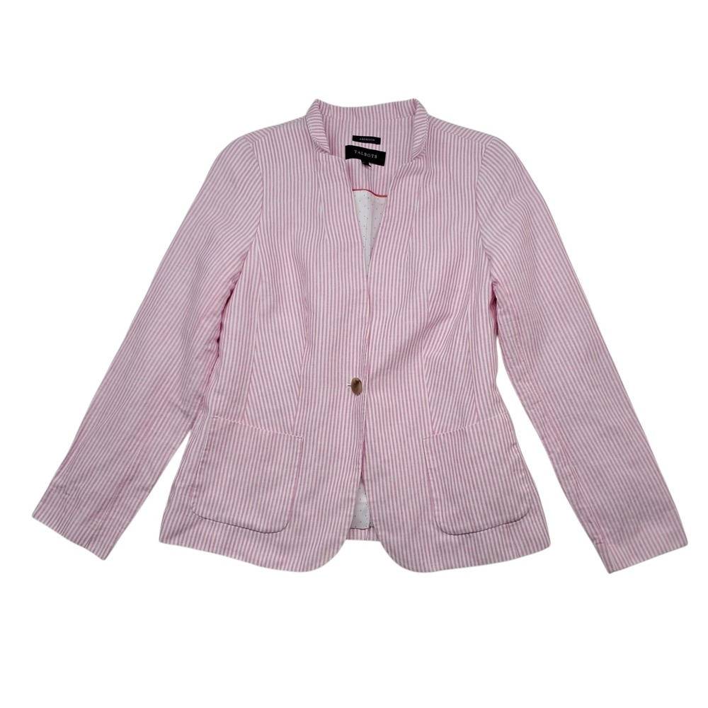 Talbots Blazer Womens 2 Pink Aberdeen Seersucker Striped Linen Cotton Preppy
